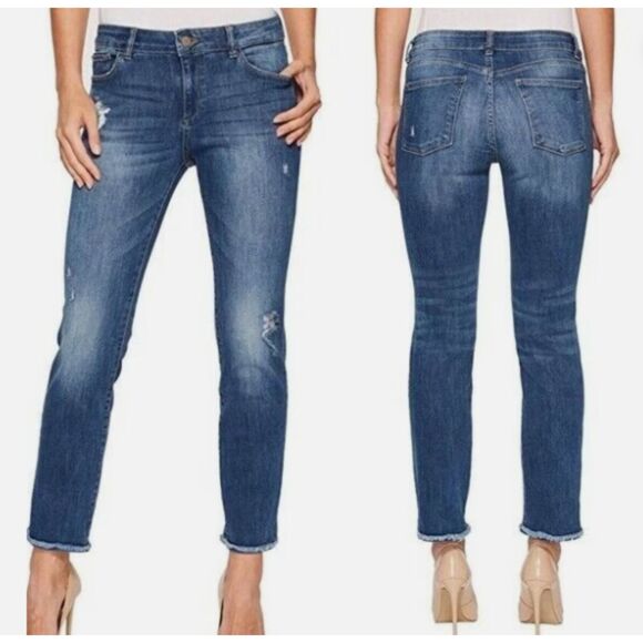 DL1961 Mara Straight Mid-Rise Instasculpt Distressed Ankle Jeans, Indigo, Sz 29 - Picture 1 of 8